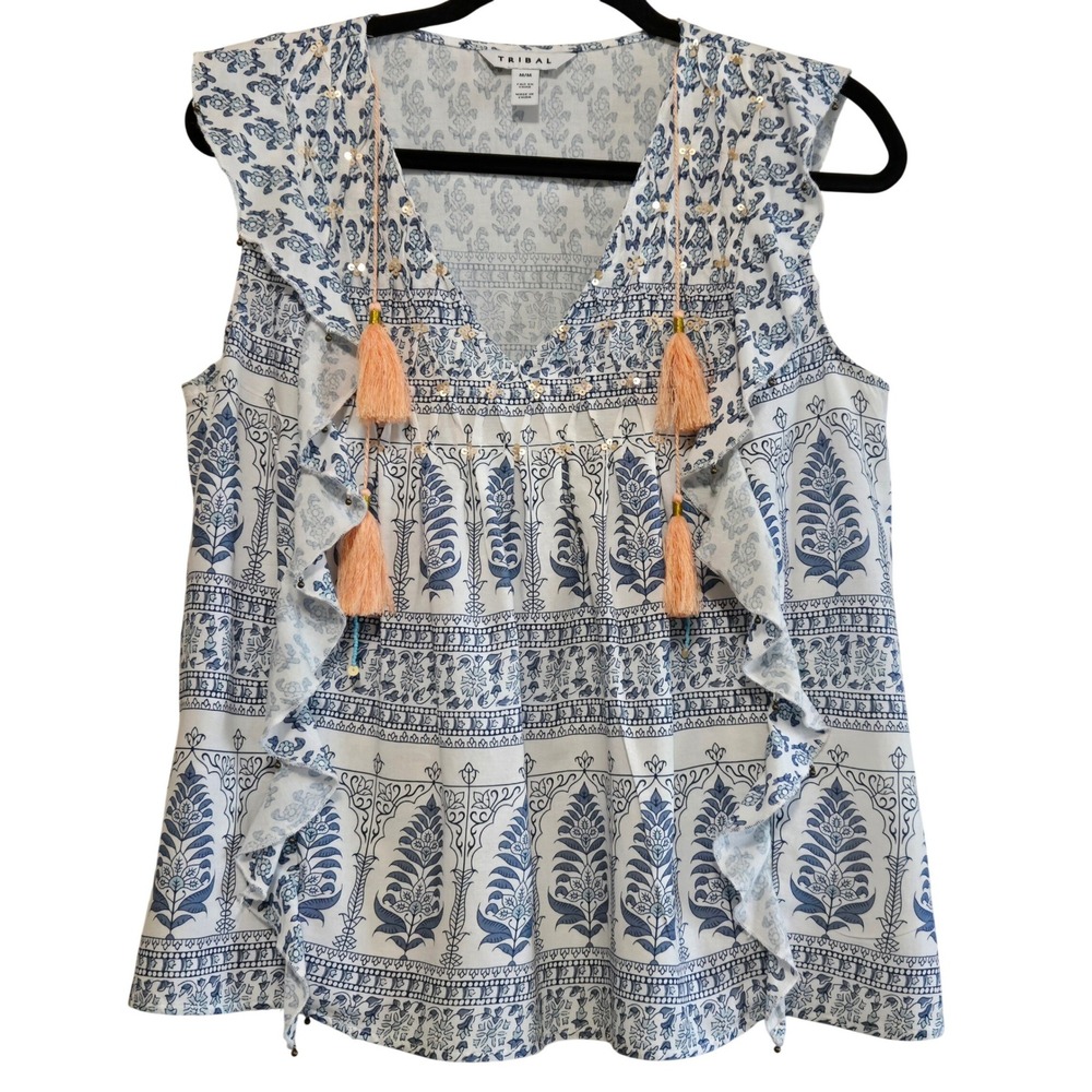 Tribal Boho Blue White Floral Block Print Ruffles Tassels Sequins, Blouse M